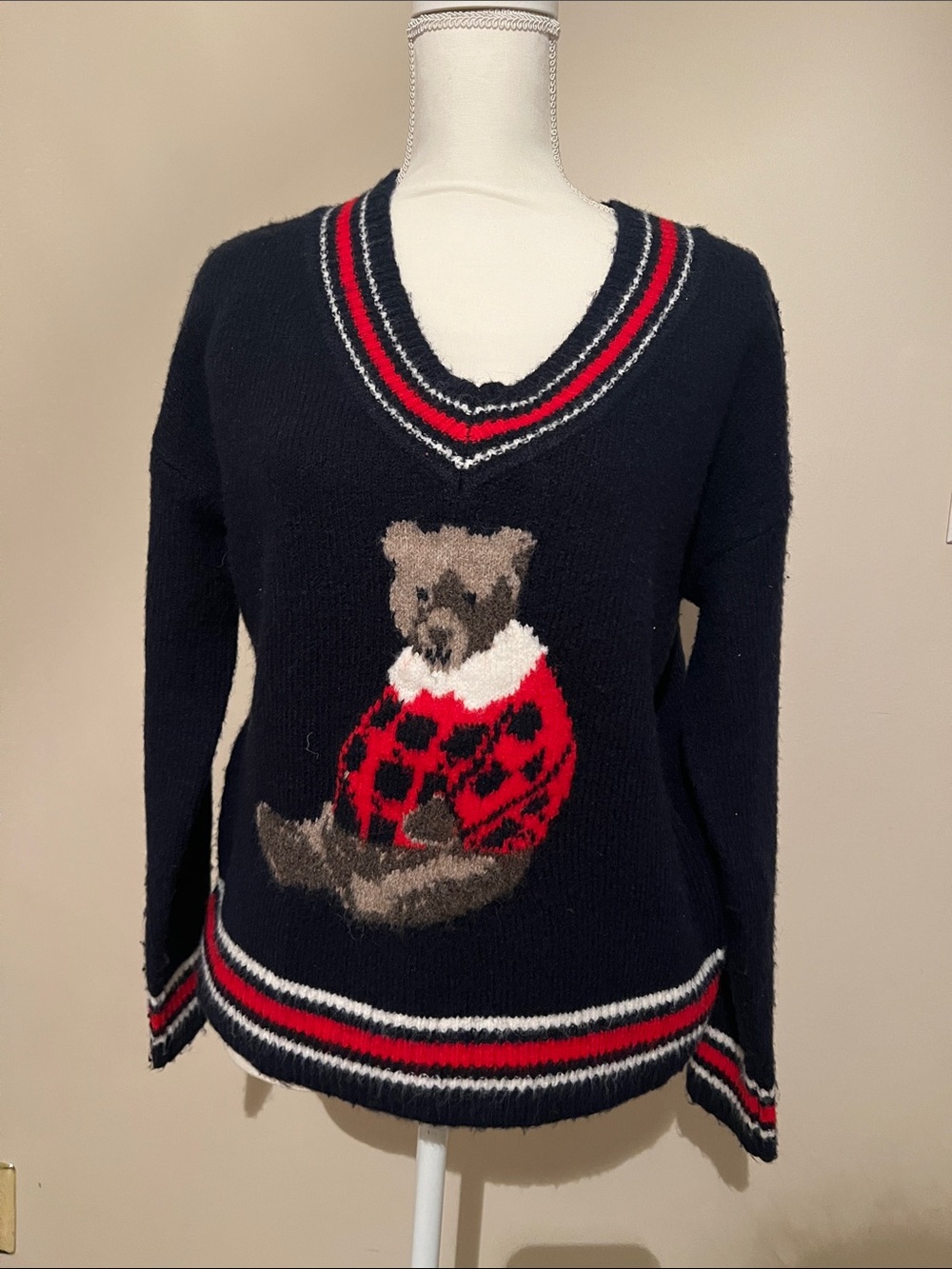 cupcakes & cashmere Navy V-Neck Sweater with Red and Cream Bear